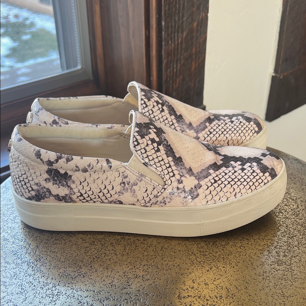Steve Madden Pink and Black Snake Print Slip-On Sneakers